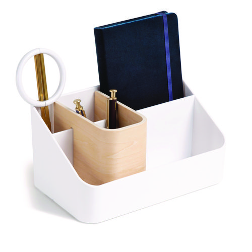 Picture of Mod All-in-One Desktop Organizer, 4 Compartments, 5.39 x 9.65 x 5.08, Plastic/Wood, White