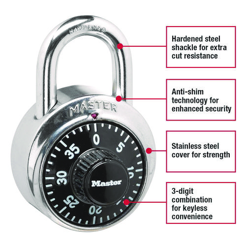 Picture of Combination Lock, Stainless Steel, 1.87" Wide, Silver/Black, 2/Pack