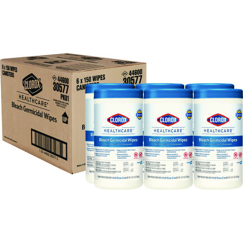 Picture of Bleach Germicidal Wipes, 1-Ply, 6 x 5, Unscented, White, 150/Canister, 6 Canisters/Carton