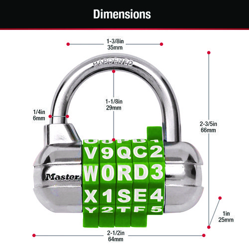 Picture of Password Plus Combination Lock, Hardened Steel Shackle, 2.5" Wide, Chrome/Assorted