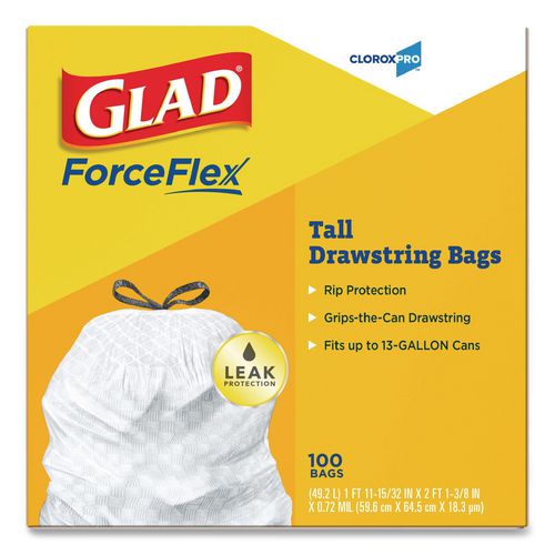 Picture of CloroxPro ForceFlex Tall Kitchen Drawstring Trash Bags, 13 gal, 24 x 27.38, Gray, 100 Bags/Box, 4 Boxes/Carton