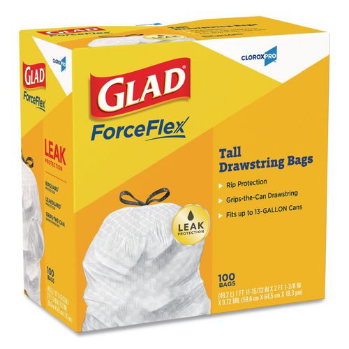 Picture of CloroxPro ForceFlex Tall Kitchen Drawstring Trash Bags, 13 gal, 24 x 27.38, Gray, 100 Bags/Box, 4 Boxes/Carton