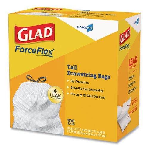 Picture of CloroxPro ForceFlex Tall Kitchen Drawstring Trash Bags, 13 gal, 24 x 27.38, Gray, 100 Bags/Box, 4 Boxes/Carton