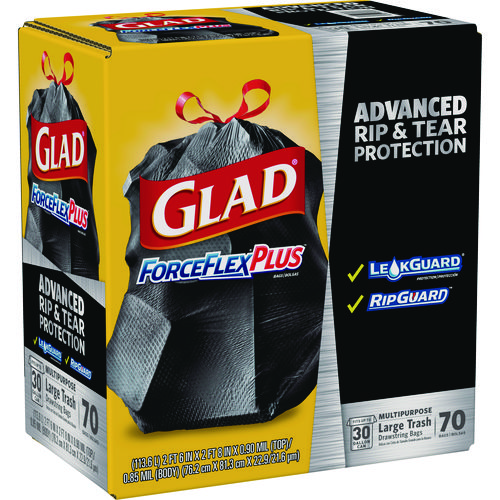 Picture of ForceFlexPlus Drawstring Large Trash Bags, 30 gal, 1.05 mil, 30" x 32", Black, 70/Box