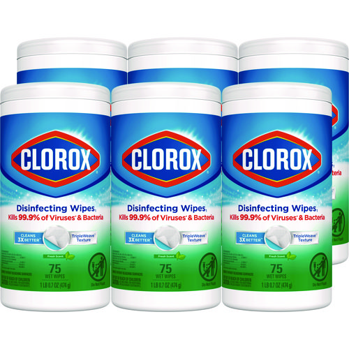 Disinfecting+Wipes%2C+Bleach+Free+Cleaning+Wipes%2C+1-Ply%2C+7+x+8%2C+Fresh+Scent%2C+White%2C+75%2FCanister%2C+6+Canisters%2FCarton