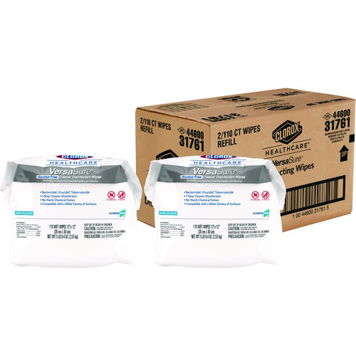 Picture of VersaSure Cleaner Disinfectant Wipes, 1-Ply, 12 x 12, Fragranced, White, 110/Pouch, 2 Pouches/Carton