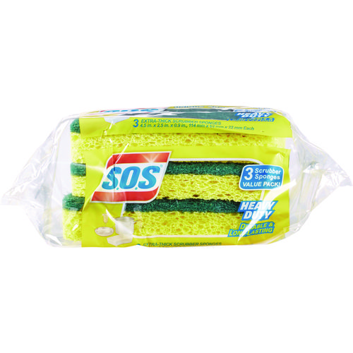 Picture of Heavy Duty Scrubber Sponge, 2.5 x 4.5, 0.9" Thick, Yellow/Green, 3/Pack, 8 Packs/Carton