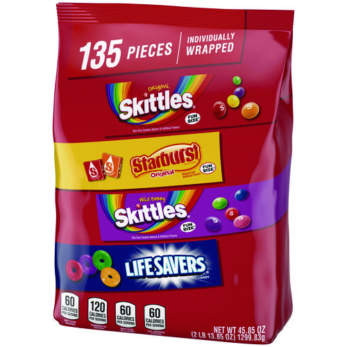 Picture of Skittles, Starburst and Life Savers Fun Size Fruity Candy Assortment, 45.85 oz Bag, 135 Pieces, Individually Wrapped