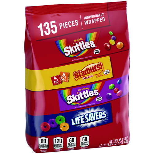 Picture of Skittles, Starburst and Life Savers Fun Size Fruity Candy Assortment, 45.85 oz Bag, 135 Pieces, Individually Wrapped