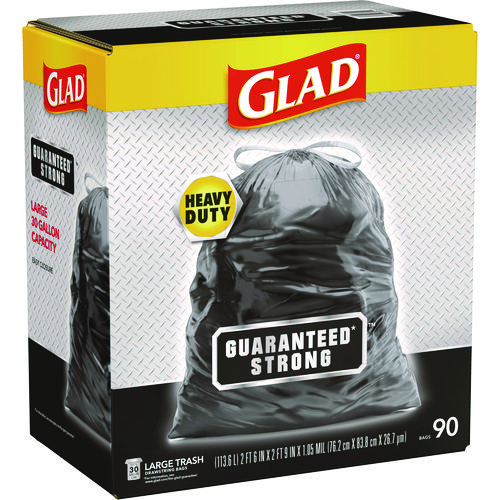 Picture of Guaranteed Strong Large Drawstring Trash Bags, Three-Ply, 30 gal, 1.05 mil, 30" x 33", Black, 90/Carton