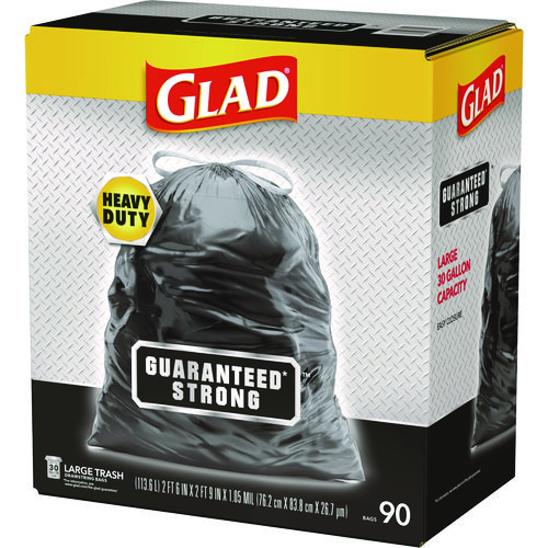 Picture of Guaranteed Strong Large Drawstring Trash Bags, Three-Ply, 30 gal, 1.05 mil, 30" x 33", Black, 90/Carton