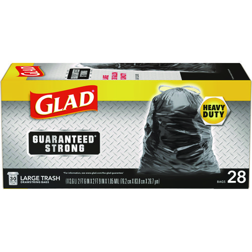 Picture of Guaranteed Strong Large Drawstring Trash Bags, Three-Ply, 30 gal, 1.05 mil, 30 x 33, Black, 28 Bags/Box, 6 Boxes/Carton