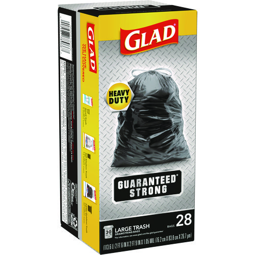 Picture of Guaranteed Strong Large Drawstring Trash Bags, Three-Ply, 30 gal, 1.05 mil, 30 x 33, Black, 28 Bags/Box, 6 Boxes/Carton