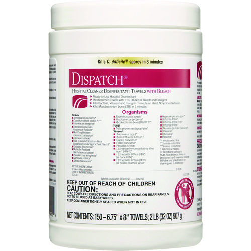 Picture of Dispatch Hospital Cleaner Disinfectant Towels with Bleach, 1-Ply, 6.75 x 8, Unscented, White, 150/Canister