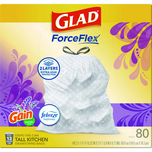 Picture of ForceFlex Kitchen Drawstring Trash Bags, 13 gal, Gain Lavender Scent, 24 x 27.38, White, 80 Bags/Box, 3 Boxes/Carton