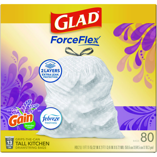 Picture of ForceFlex Kitchen Drawstring Trash Bags, 13 gal, Gain Lavender Scent, 24 x 27.38, White, 80 Bags/Box, 3 Boxes/Carton