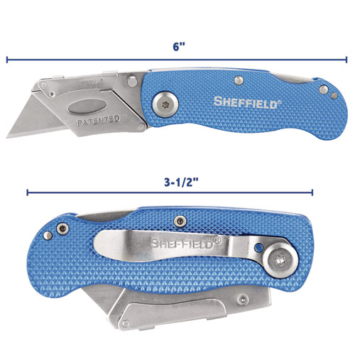 Picture of Sheffield Folding Lockback Knife, 1 Utility Blade, 2" Blade, 3.5" Aluminum Handle, Blue