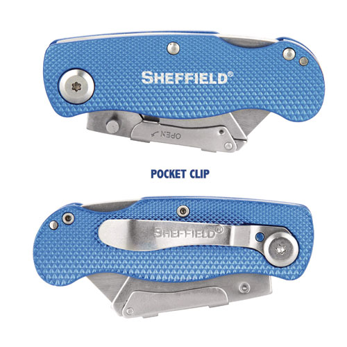 Picture of Sheffield Folding Lockback Knife, 1 Utility Blade, 2" Blade, 3.5" Aluminum Handle, Blue