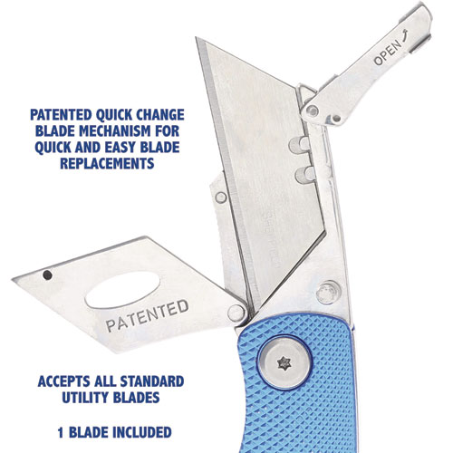 Picture of Sheffield Folding Lockback Knife, 1 Utility Blade, 2" Blade, 3.5" Aluminum Handle, Blue