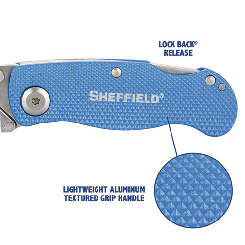 Picture of Sheffield Folding Lockback Knife, 1 Utility Blade, 2" Blade, 3.5" Aluminum Handle, Blue