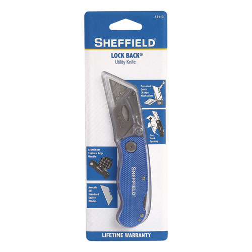 Picture of Sheffield Folding Lockback Knife, 1 Utility Blade, 2" Blade, 3.5" Aluminum Handle, Blue