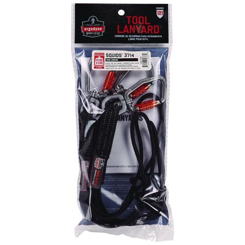 Picture of Squids 3714 Elastic Tool Tail Lanyard w/Carabiner and Cinch Loop, 10 lb Max Working Capacity, 15" Long, Black, 3/Pack