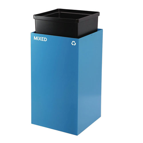 Picture of 29 Gallon Trash/Recycling Cans, Steel, Blue Mixed Recycling Can with Square Lid, Black Trash Can with Square Lid