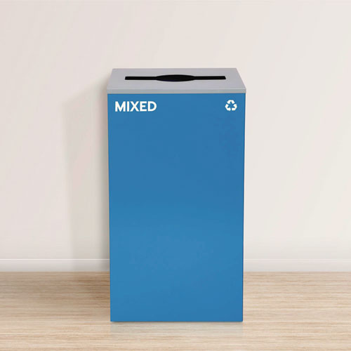 Picture of 29 Gallon Trash/Recycling Cans, Steel, Blue Mixed Recycling with Mixed Lid, Black Trash Can with Square Lid