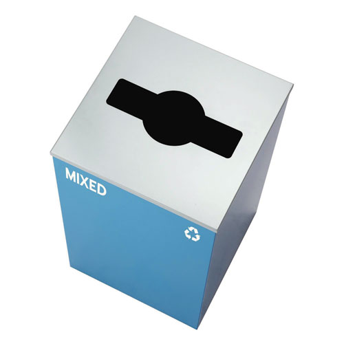 Picture of 29 Gallon Trash/Recycling Cans, Steel, Blue Mixed Recycling with Mixed Lid, Black Trash Can with Square Lid