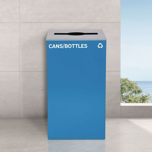 Picture of 29 Gallon Trash/Recycling Cans, Steel, Blue Cans/Bottles Recycling with Mixed Lid, Black Trash Can with Square Lid