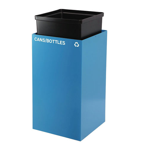 Picture of 29 Gallon Trash/Recycling Cans, Steel, Blue Cans/Bottles Recycling with Mixed Lid, Black Trash Can with Square Lid