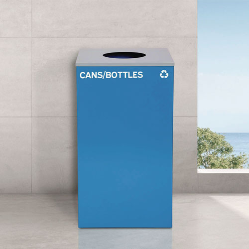 Picture of 29 Gallon Trash/Recycling Cans, Steel, Blue Cans/Bottles Recycling with Circle Lid, Black Trash Can with Square Lid