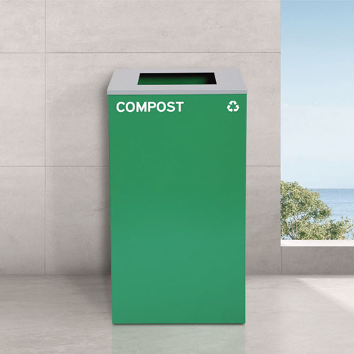 Picture of 29 Gallon Trash/Recycling Cans, Steel, Green Compost Can with Square Lid, Black Trash Can with Square Lid