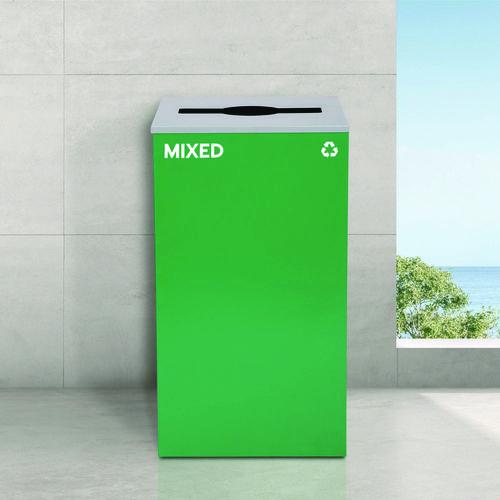 Picture of 29 Gallon Trash/Recycling Cans, Steel, Green Mixed Recycling Can with Mixed Lid, Black Trash Can with Square Lid