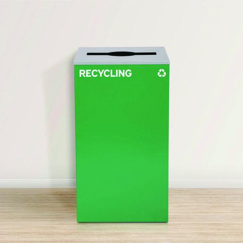 Picture of 29 Gallon Trash/Recycling Cans, Steel, Green Recycling Can with Mixed Lid, Black Trash Can with Square Lid