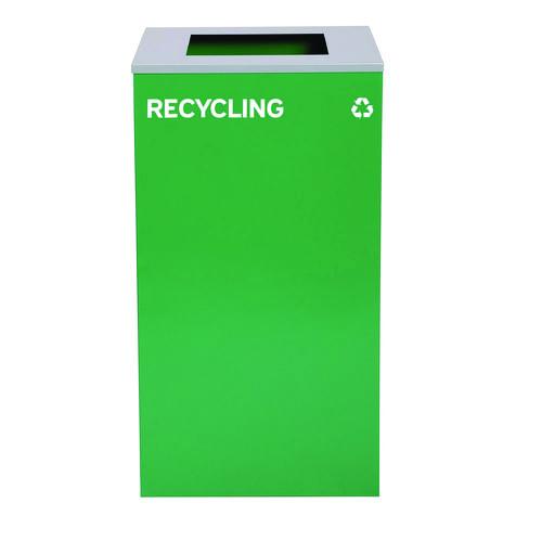 Picture of 29 Gallon Trash/Recycling Cans, Steel, Blue Recycling Can w/Mixed Lid, Green Recycling Can and Black Trash Can with Sq Lid