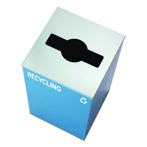 Picture of 29 Gallon Trash/Recycling Cans, Steel, Blue Recycling Can w/Mixed Lid, Green Recycling Can and Black Trash Can with Sq Lid