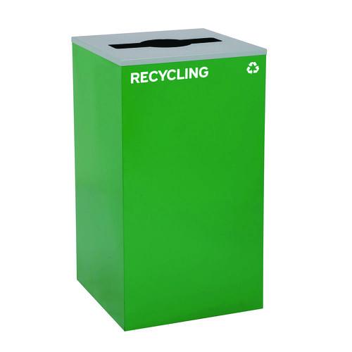 Picture of 29 Gallon Trash/Recycling Cans, Steel, Blue Recycling Can w/Circle Lid, Green Recycling w/Mixed Lid, Black Trash w/Square Lid