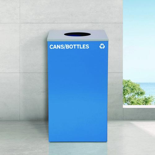Picture of 29 Gallon Trash/Recycling Cans, Steel, Blue Cans/Bottles with Circle Lid, Green Compost and Black Trash Cans with Square Lids