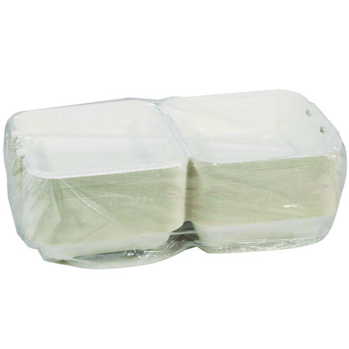 Picture of EarthChoice PFAS Free Compostable Hinged Lid Container, 9 x 9 x 3, White, Sugarcane, 150/Carton