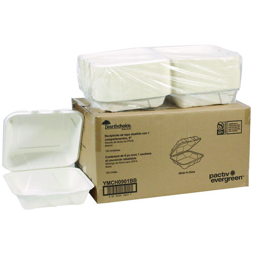 Picture of EarthChoice PFAS Free Compostable Hinged Lid Container, 9 x 9 x 3, White, Sugarcane, 150/Carton