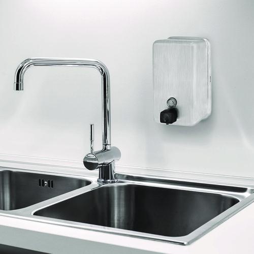 Picture of Vertical Manual Surface-Mounted Stainless Steel Liquid Soap Dispenser, 40 oz, 2.8 x 4.8 x 8.1, Brushed Stainless Steel
