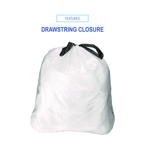 Picture of Drawstring Kitchen Bags, Drawstring, 13 gal, 24" x 28", White, 50 Bags/Roll, 2 Rolls/Carton