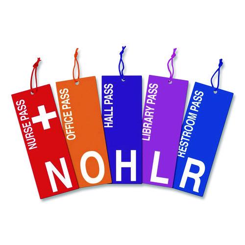 Picture of Laminated Hall Passes with Cords, English, Assorted Messages, 3.4" x 9", Assorted Colors, 5 Passes/Set, 24 Sets/Carton