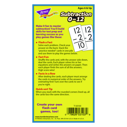 Picture of Skill Drill Flash Cards, Subtraction, 3 x 6, Black and White, 91/Pack