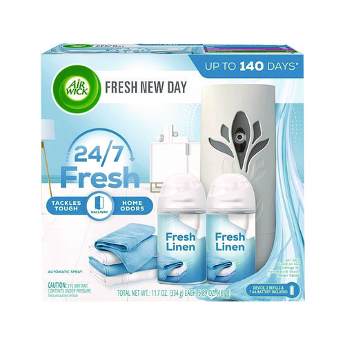 Picture of Freshmatic Ultra Automatic Starter Kit, Gadget/(2) 5.89 oz Fresh Linen Refills/AA Battery, 4 Kits/Carton