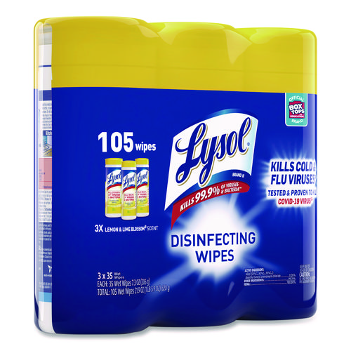 Picture of Disinfecting Wipes, 1-Ply, 7 x 7.25, Lemon and Lime Blossom, White, 35 Wipes/Canister, 3 Canisters/Pack, 4 Packs/Carton