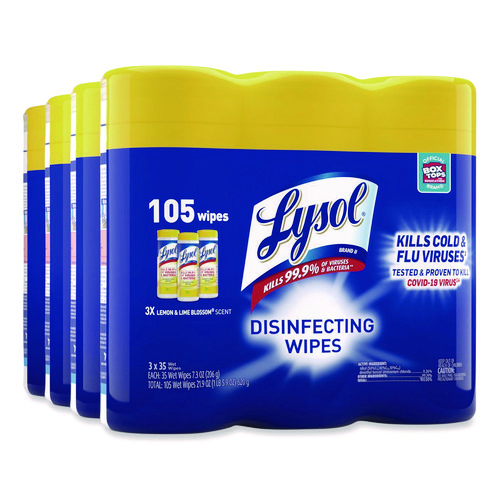 Picture of Disinfecting Wipes, 1-Ply, 7 x 7.25, Lemon and Lime Blossom, White, 35 Wipes/Canister, 3 Canisters/Pack, 4 Packs/Carton