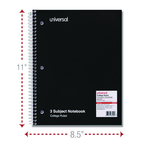 Picture of Wirebound Notebook, 3-Subject, Medium/College Rule, Black Cover, (120) 11 x 8.5 Sheets