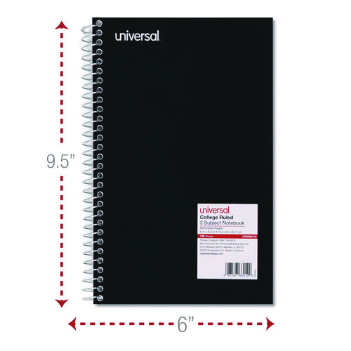 Picture of Wirebound Notebook, 3-Subject, Medium/College Rule, Black Cover, (120) 9.5 x 6 Sheets